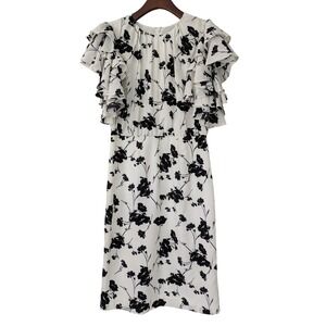 Mikael Aghal Sheath Dress Floral Flutter Sleeve Slit Size 4 Black White NWT $770